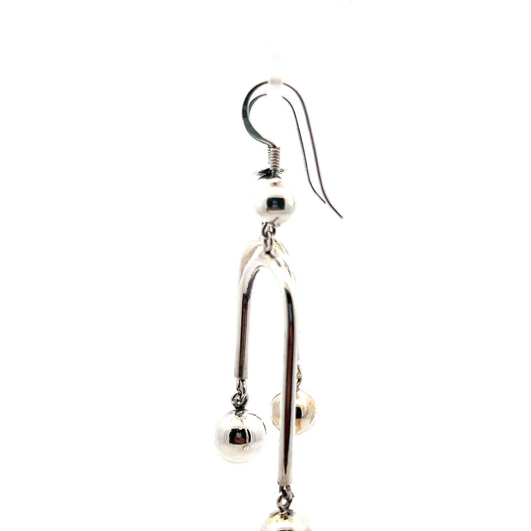 Estate Sterling Silver Geometric Wire & Bead Drop Earrings