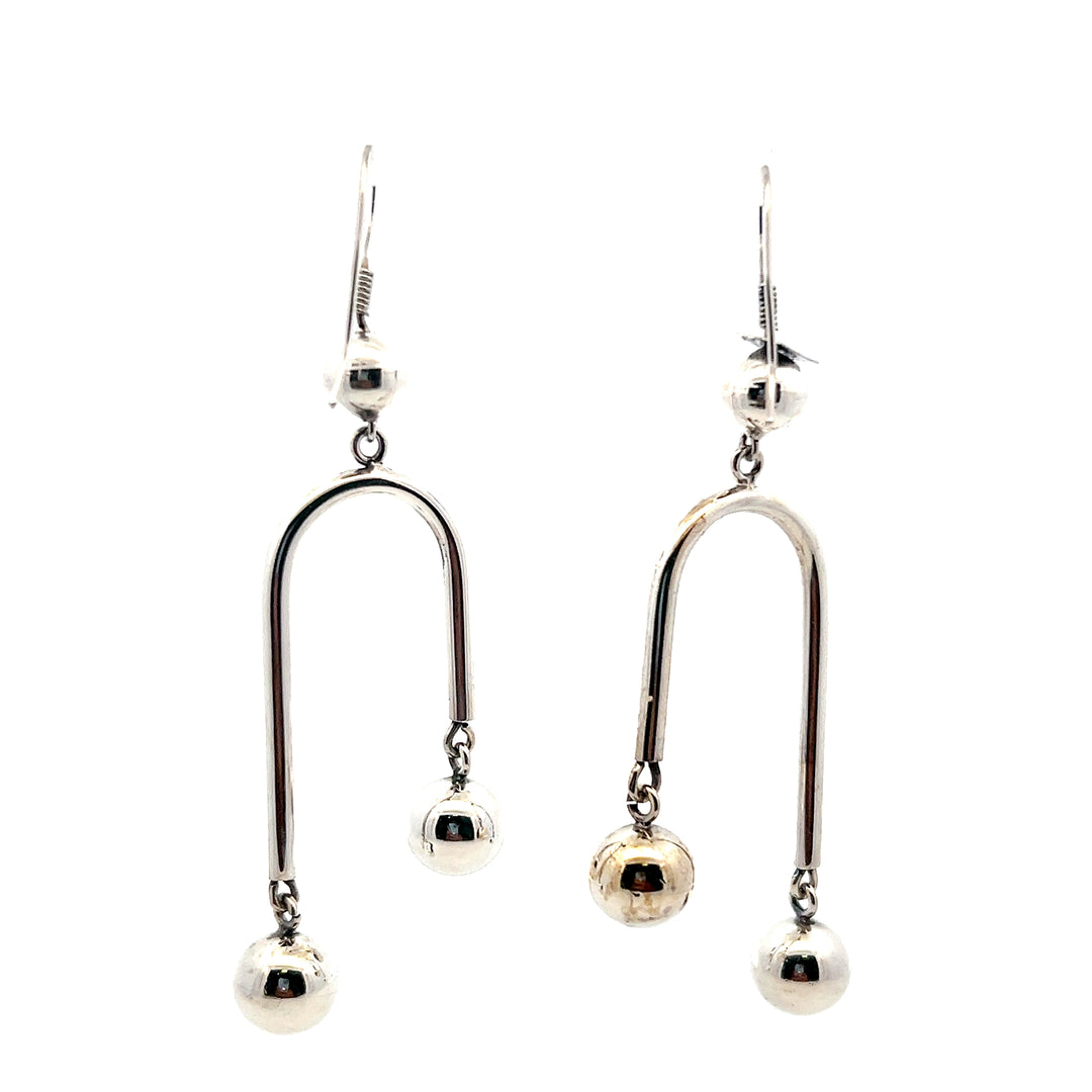 Estate Sterling Silver Geometric Wire & Bead Drop Earrings
