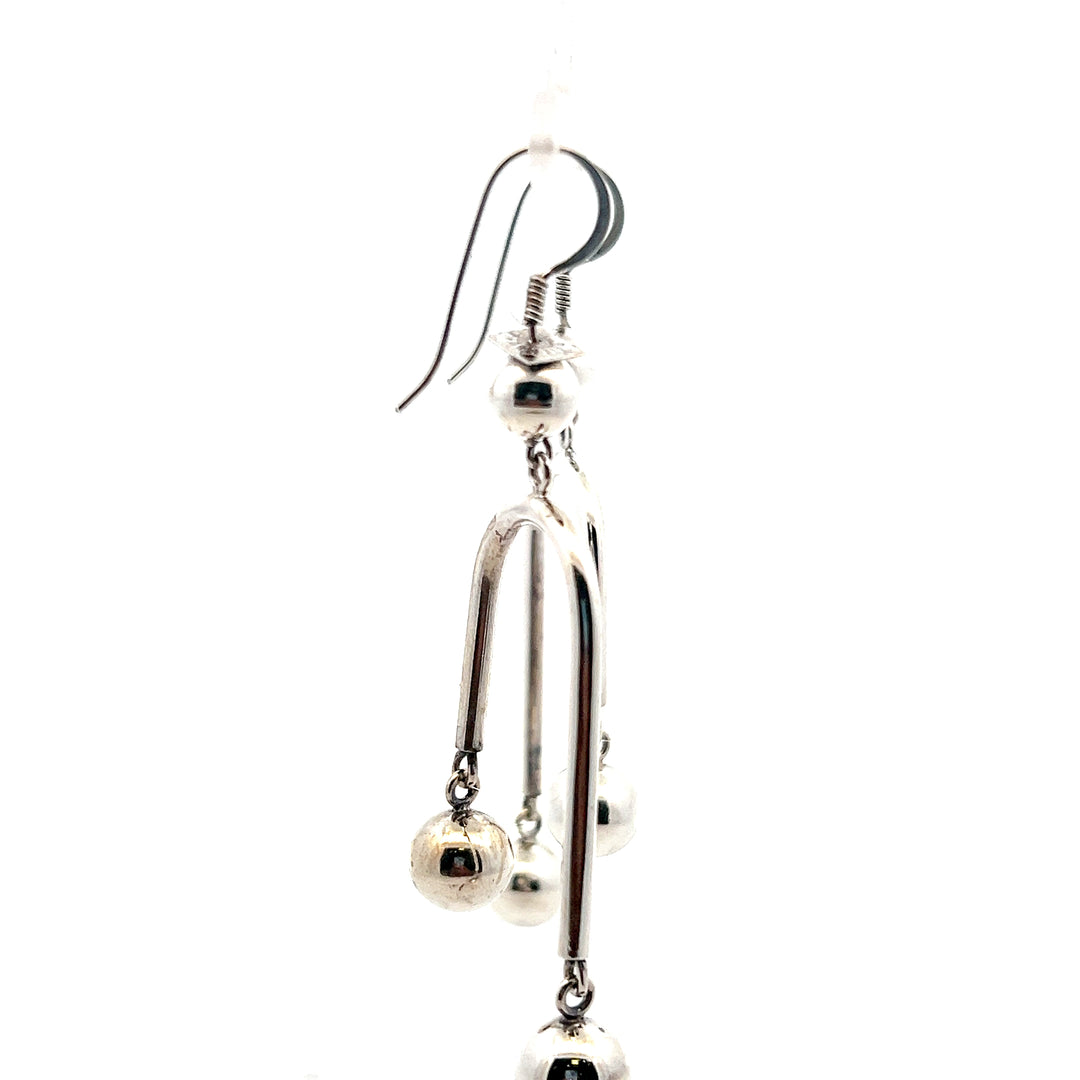 Estate Sterling Silver Geometric Wire & Bead Drop Earrings