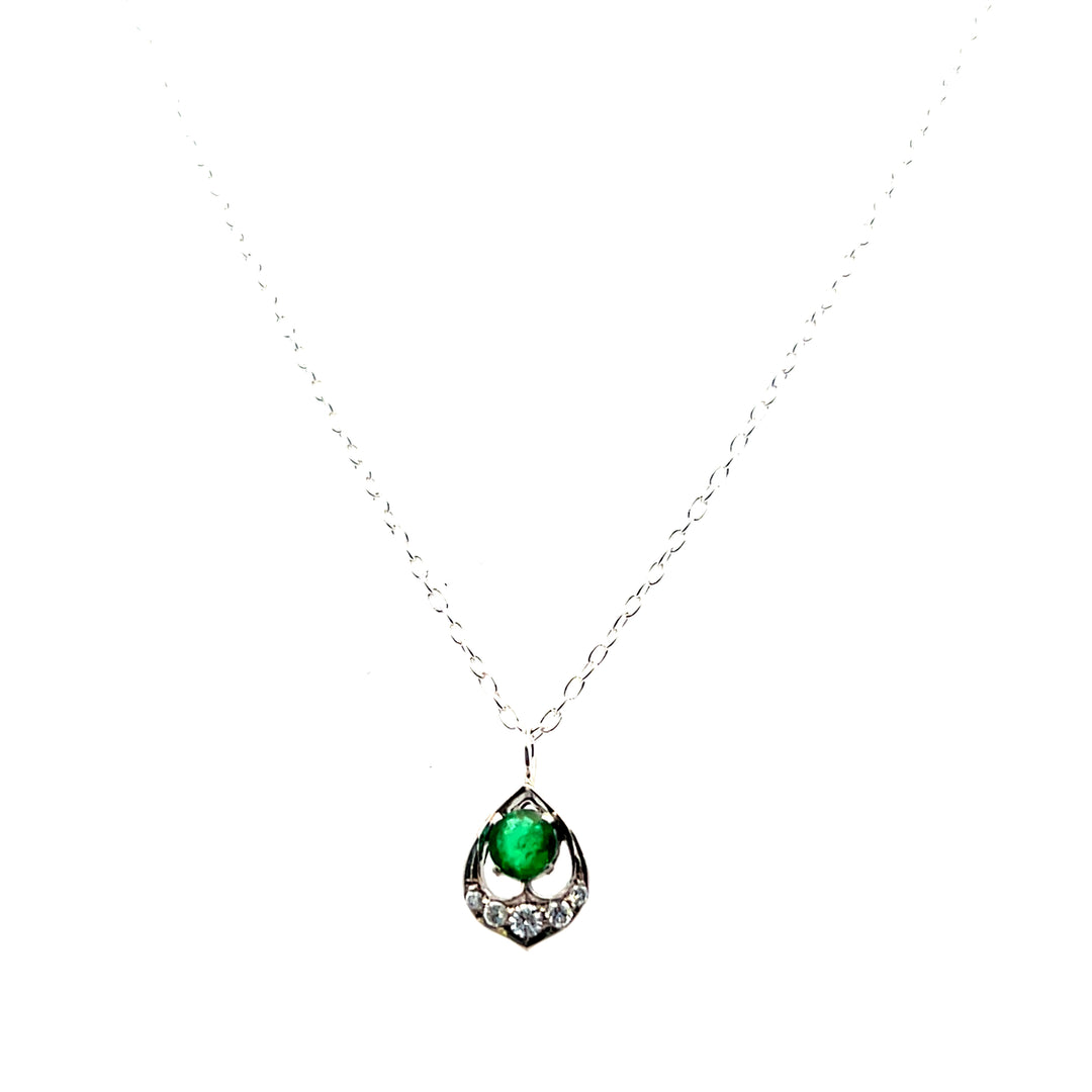 Estate Sterling Silver Mid-Century Round Emerald & Diamond Pendant Necklace, 16-20"