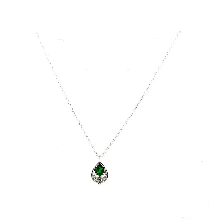 Estate Sterling Silver Mid-Century Oval Emerald & Diamond Pendant Necklace, 16-20"