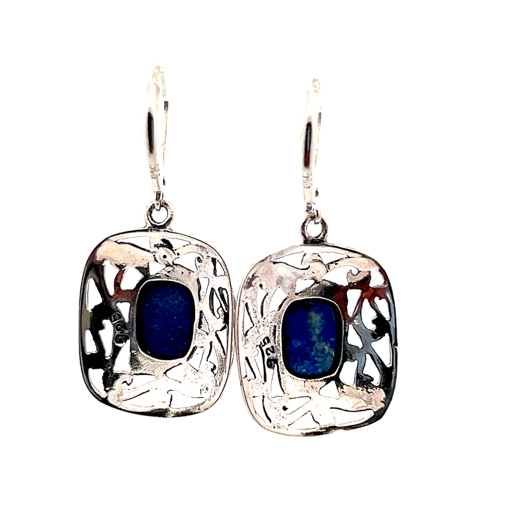 Estate Sterling Silver Cushion Lapis Lazuli Openwork Drop Earrings