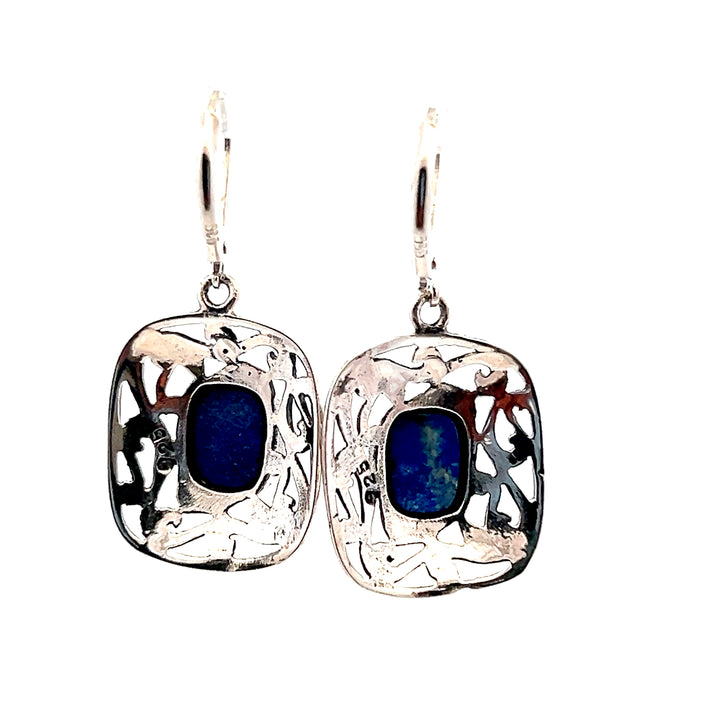 Estate Sterling Silver Cushion Lapis Lazuli Openwork Drop Earrings