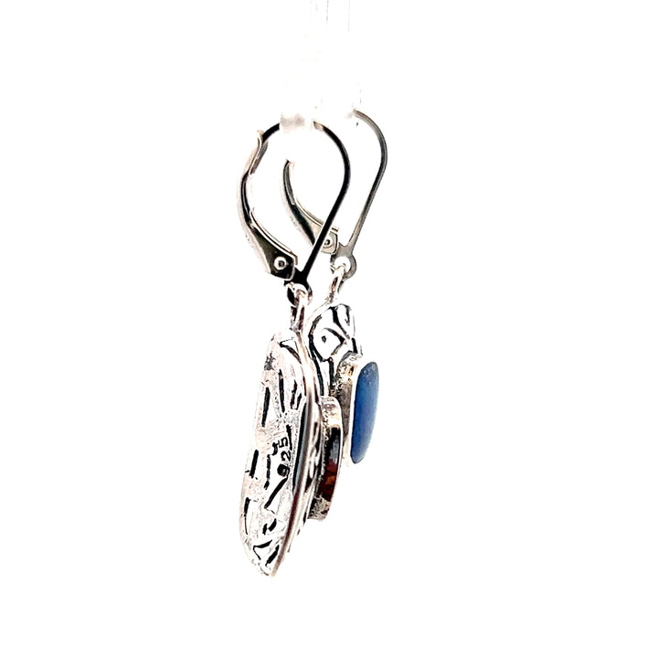 Estate Sterling Silver Cushion Lapis Lazuli Openwork Drop Earrings