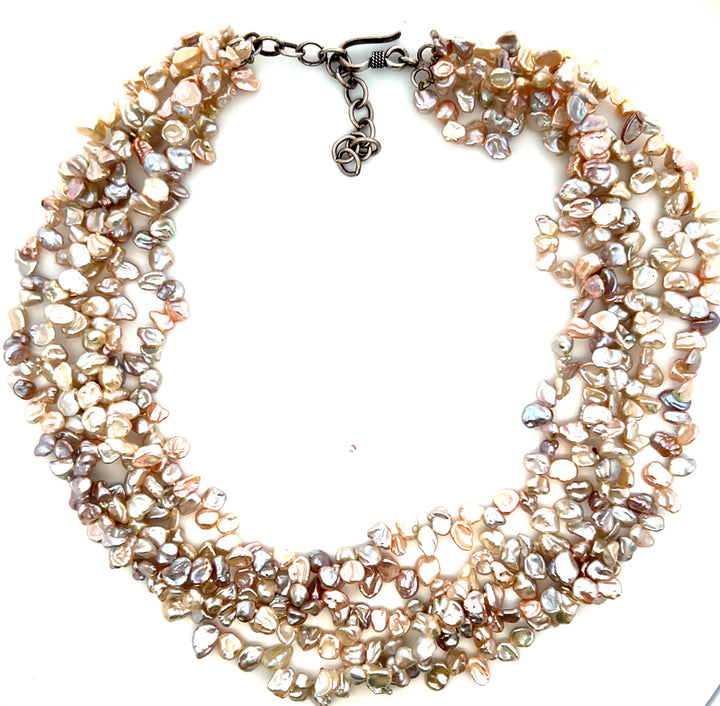 Estate Stainless Steel Multi-Color Keshi Pearl Five-Strand Necklace