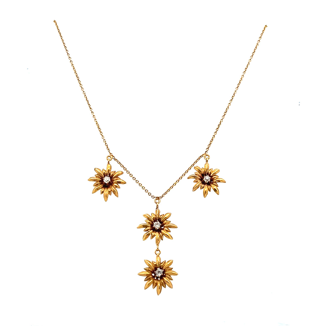 Estate Victorian 14K Yellow Gold Old European Cut Diamond Flower Multi-Drop Necklace