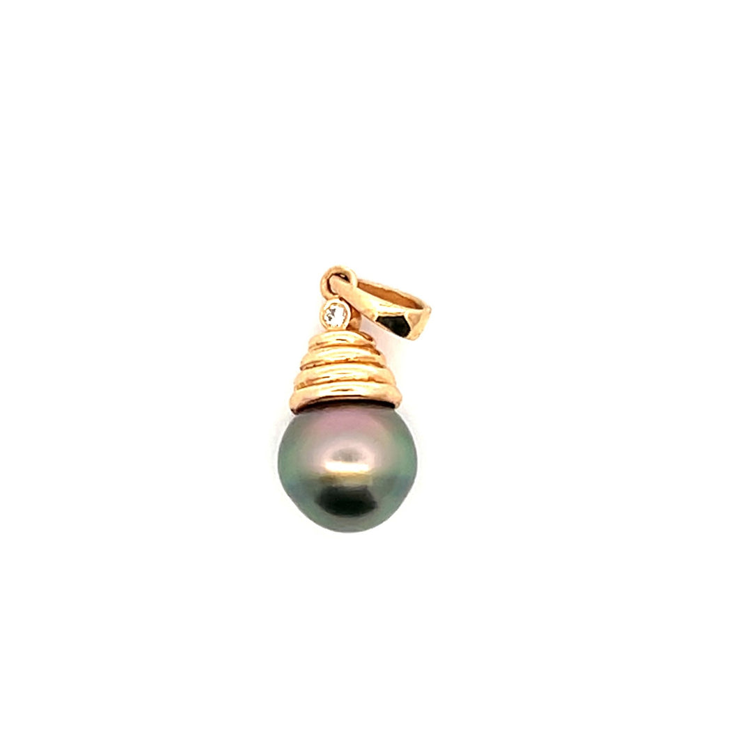 Estate 14K Yellow Gold Grey Pearl & Diamond Vintage Pendant