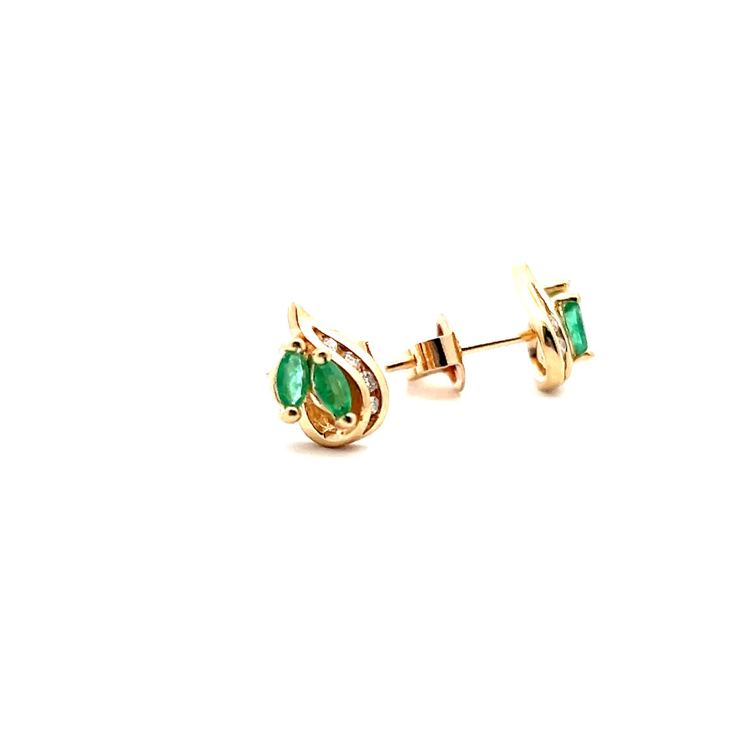 Estate 14K Yellow Gold Marquise Emerald & Diamond Stud Earrings