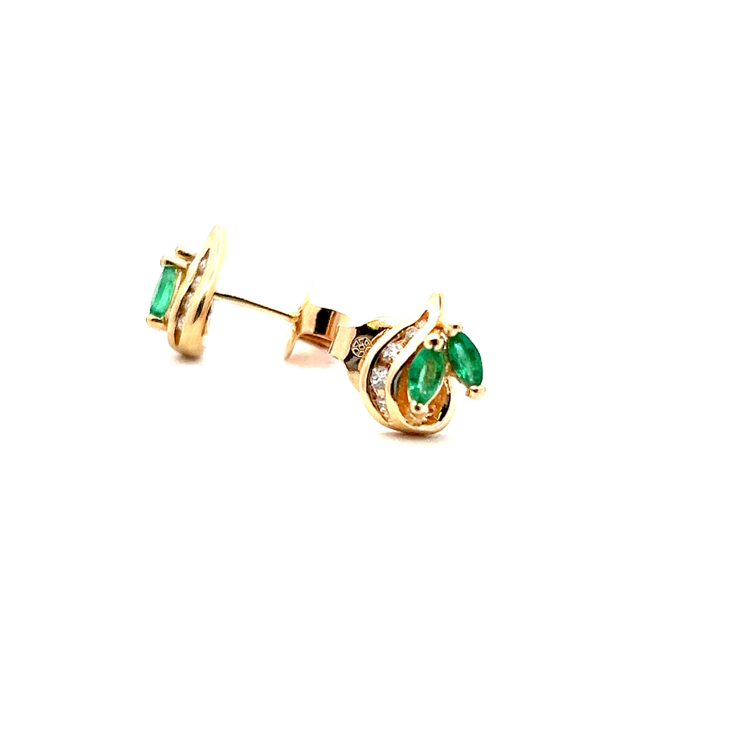 Estate 14K Yellow Gold Marquise Emerald & Diamond Stud Earrings