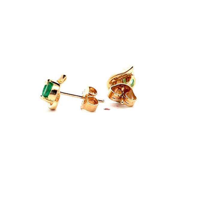 Estate 14K Yellow Gold Marquise Emerald & Diamond Stud Earrings