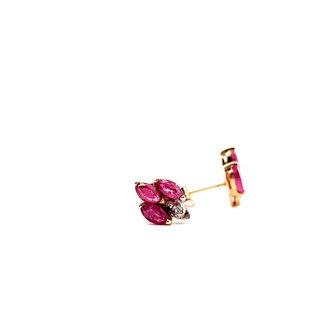 Estate 14K Yellow Gold Marquise Ruby & Diamond Stud Earrings