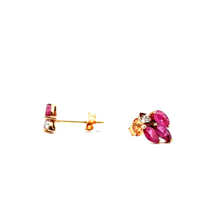 Estate 14K Yellow Gold Marquise Ruby & Diamond Stud Earrings