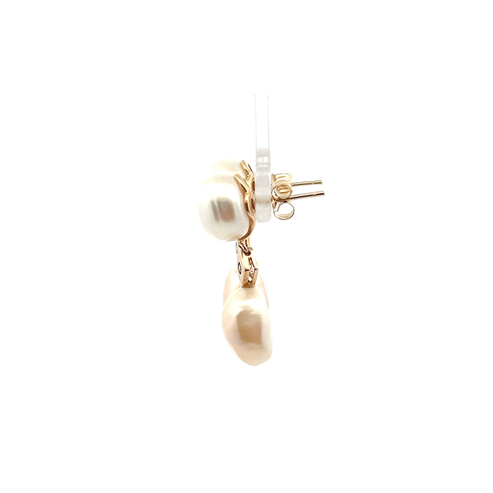 Estate 14K Yellow Gold Double Cultured Pearl & Diamond Drop Earrings