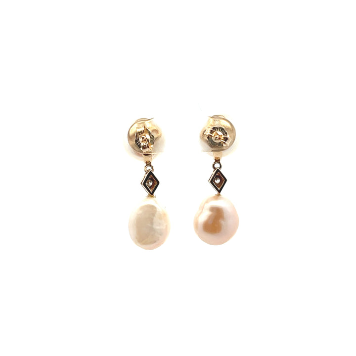 Estate 14K Yellow Gold Double Cultured Pearl & Diamond Drop Earrings