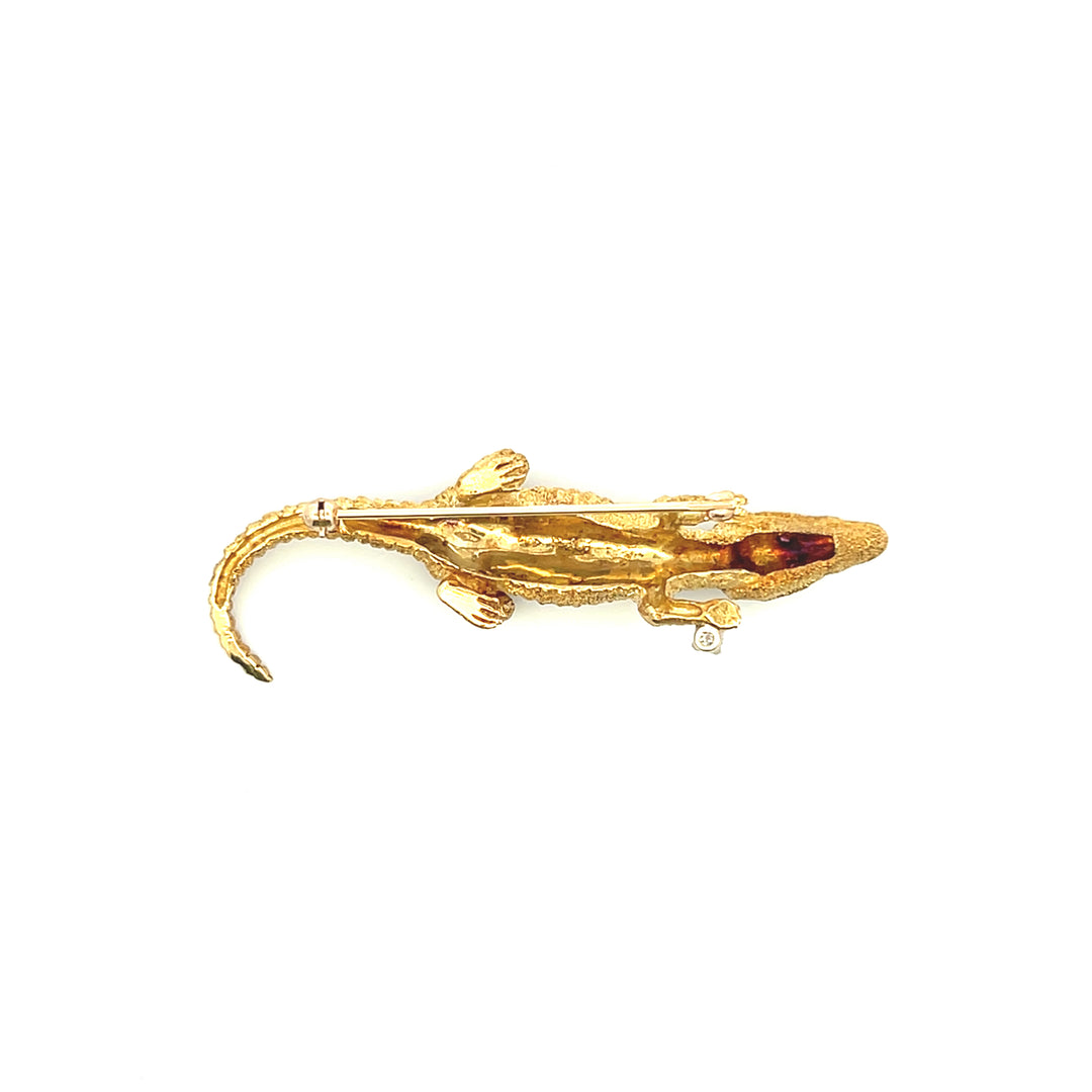 Estate 1970s 18K Yellow Gold Diamond & Ruby 3-D Alligator Brooch