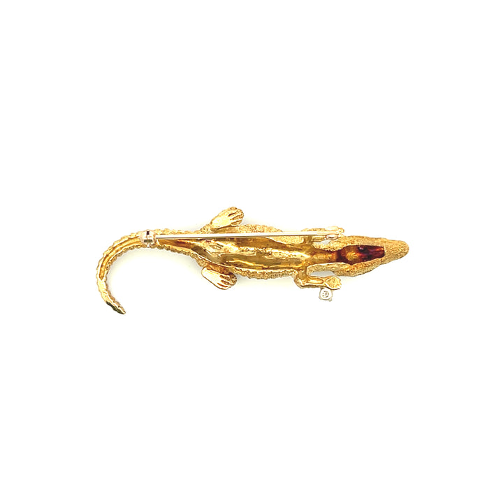 Estate 1970s 18K Yellow Gold Diamond & Ruby 3-D Alligator Brooch