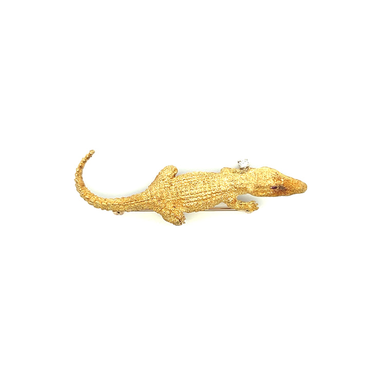 Estate 1970s 18K Yellow Gold Diamond & Ruby 3-D Alligator Brooch