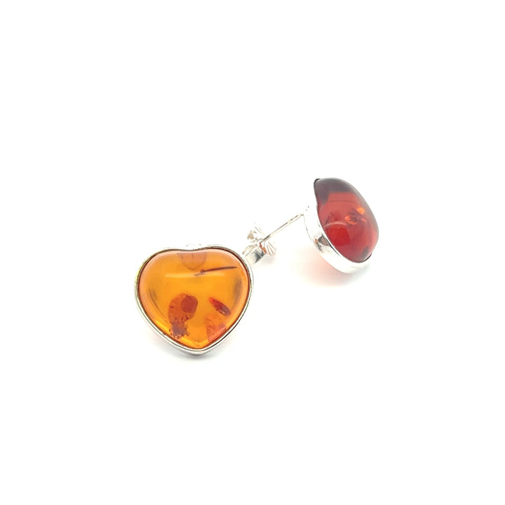 Estate Sterling Silver Heart Cabochon Amber Stud Earrings
