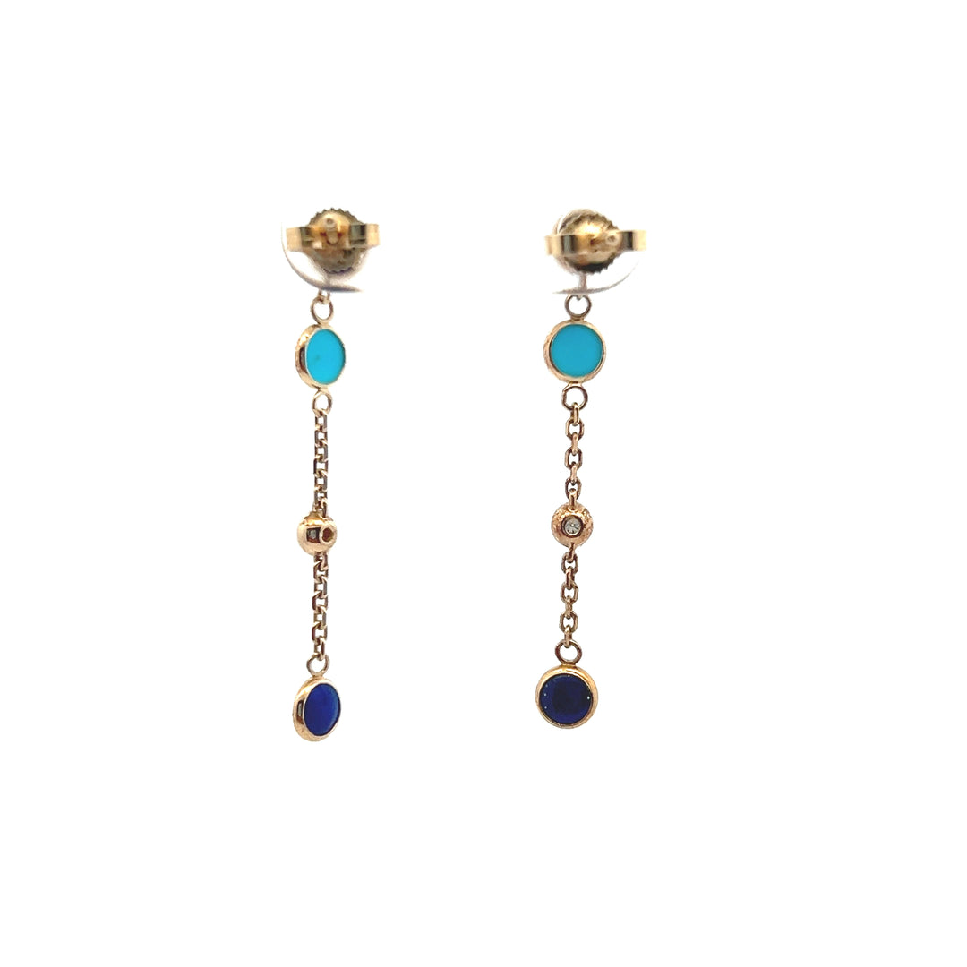 Estate Effy 14K Yellow Gold Diamond, Turquoise & Lapis Lazuli Station Earrings