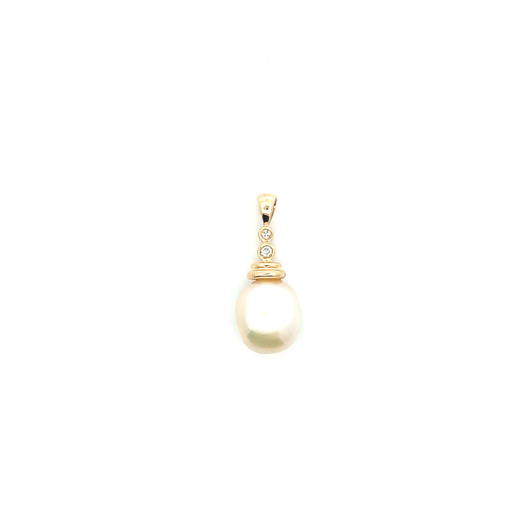 Estate 14K Yellow Gold Semi-Baroque Cultured Pearl & Diamond Pendant