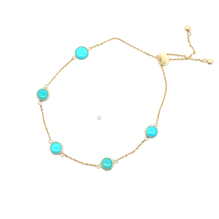 Estate Effy 14K Yellow Gold Double Cabochon Turquoise Station Bolo Bracelet