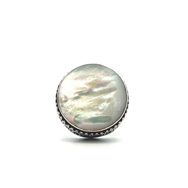 Estate Sterling Silver 20MM Round Cabochon Mother of Pearl Filigree Ring