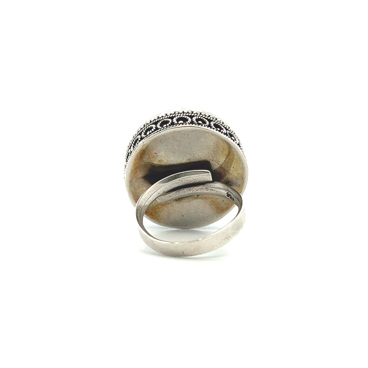 Estate Sterling Silver 20MM Round Cabochon Mother of Pearl Filigree Ring