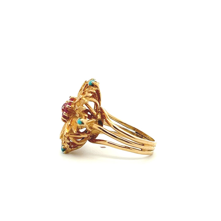 Estate 18K Yellow Gold Pink Sapphire & Turquoise Vintage Flower Motif Ring