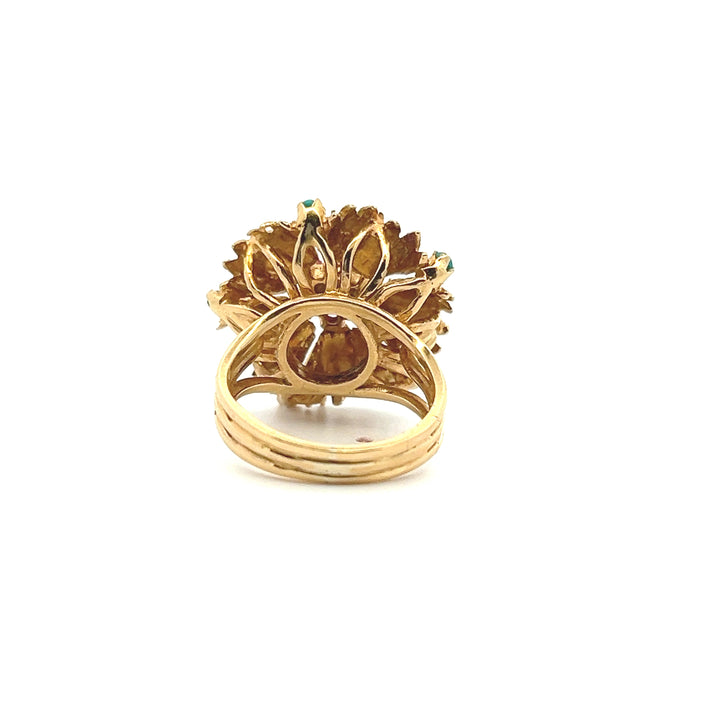 Estate 18K Yellow Gold Pink Sapphire & Turquoise Vintage Flower Motif Ring