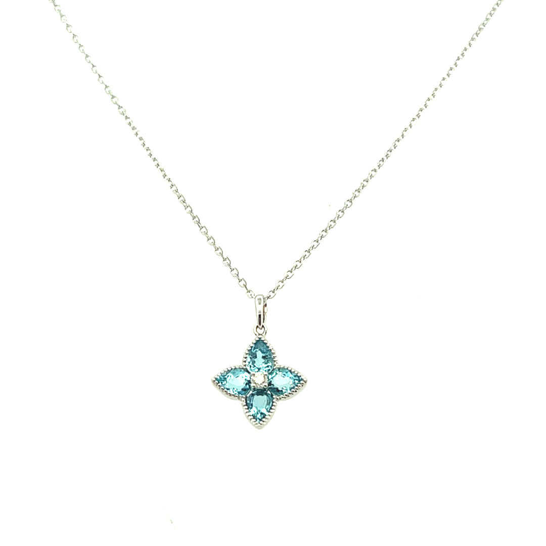 14K White Gold Marquise Blue Topaz & Diamond Flower Pendant Necklace