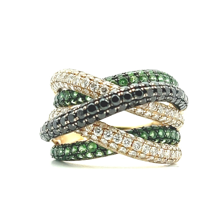 Estate 14K Yellow Gold Black & White Diamond & Tsavorite Garnet Pavé Crossover Ring