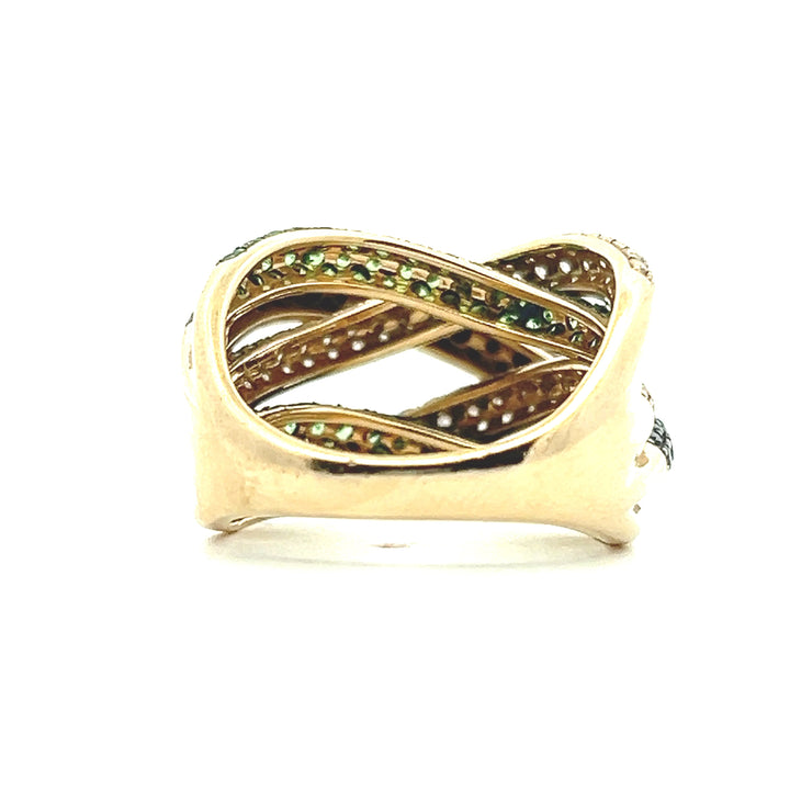Estate 14K Yellow Gold Black & White Diamond & Tsavorite Garnet Pavé Crossover Ring