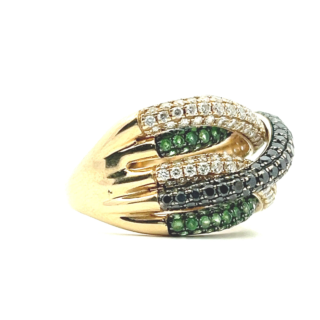 Estate 14K Yellow Gold Black & White Diamond & Tsavorite Garnet Pavé Crossover Ring