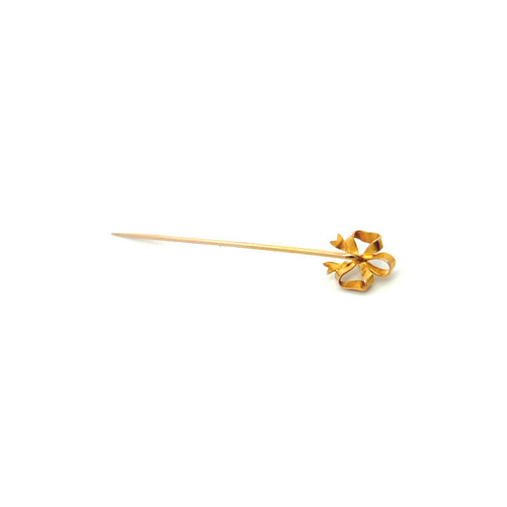 Estate Edwardian 14K Yellow Gold Pearl Hammered Bow Stick Pin