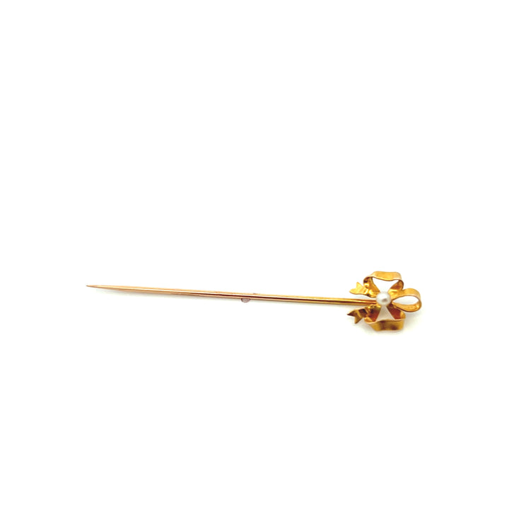 Estate Edwardian 14K Yellow Gold Pearl Hammered Bow Stick Pin