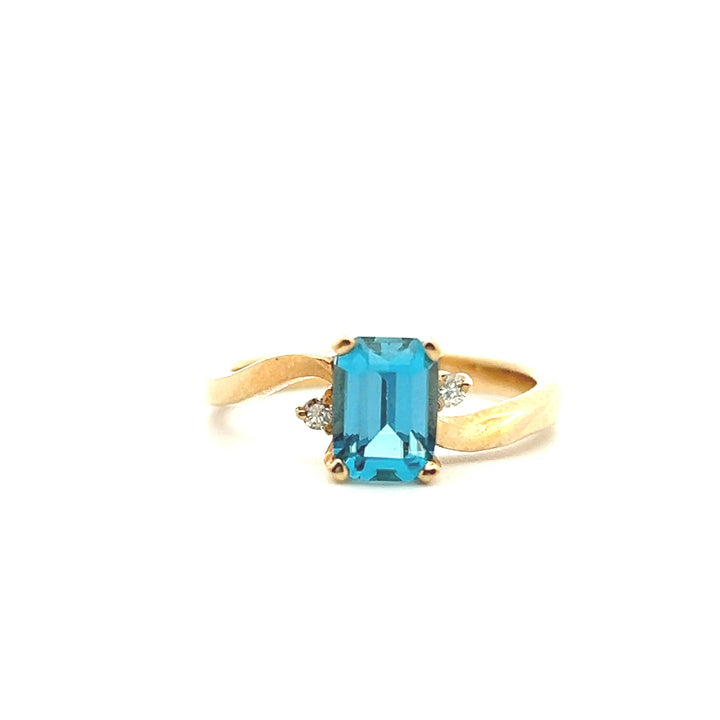 Estate 14K Yellow Gold Emerald Cut Blue Topaz & Diamond Bypass Ring