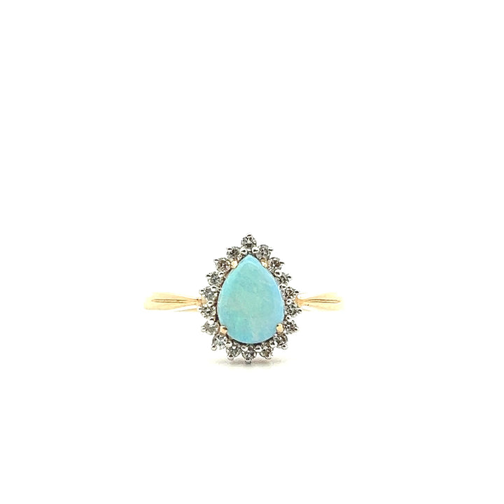 Estate 14K Yellow Gold Pear Cabochon Opal & Diamond Cluster Ring