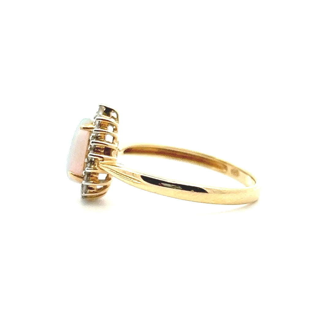 Estate 14K Yellow Gold Pear Cabochon Opal & Diamond Halo Ring