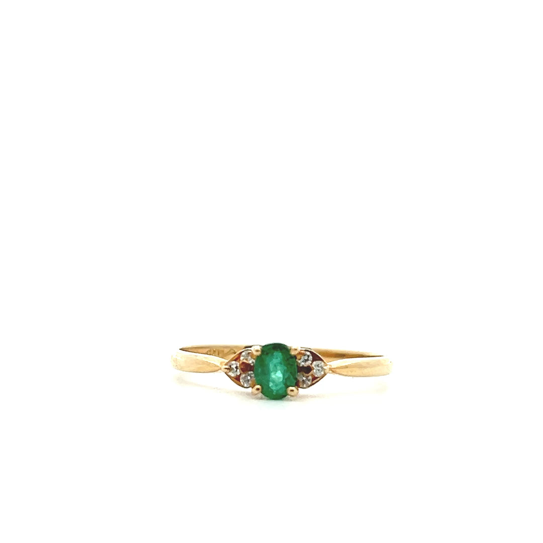 Estate 14K Yellow Gold Oval Emerald & Diamond Ring