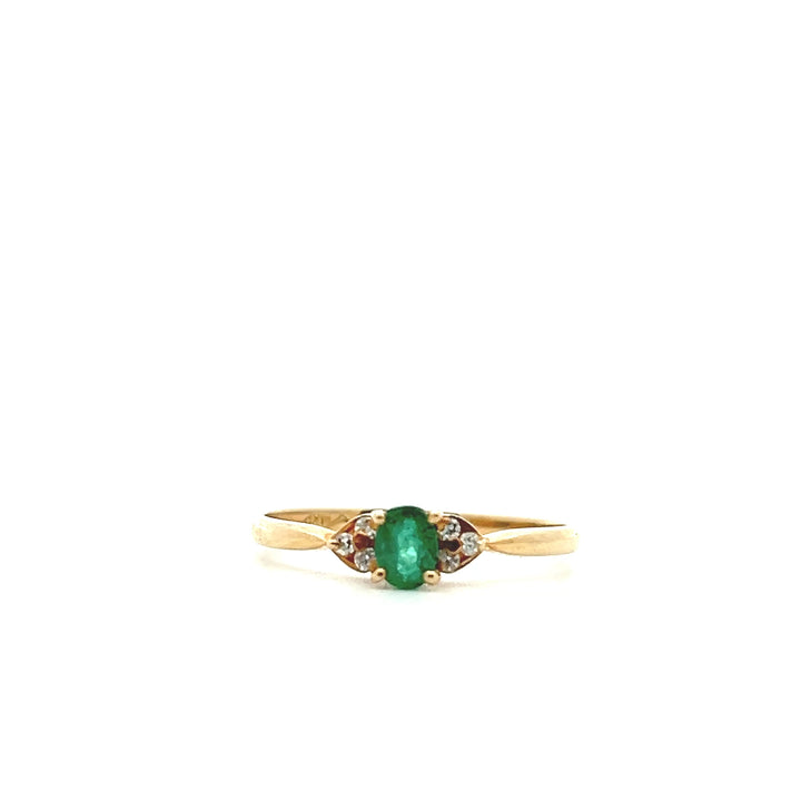 Estate 14K Yellow Gold Oval Emerald & Diamond Ring