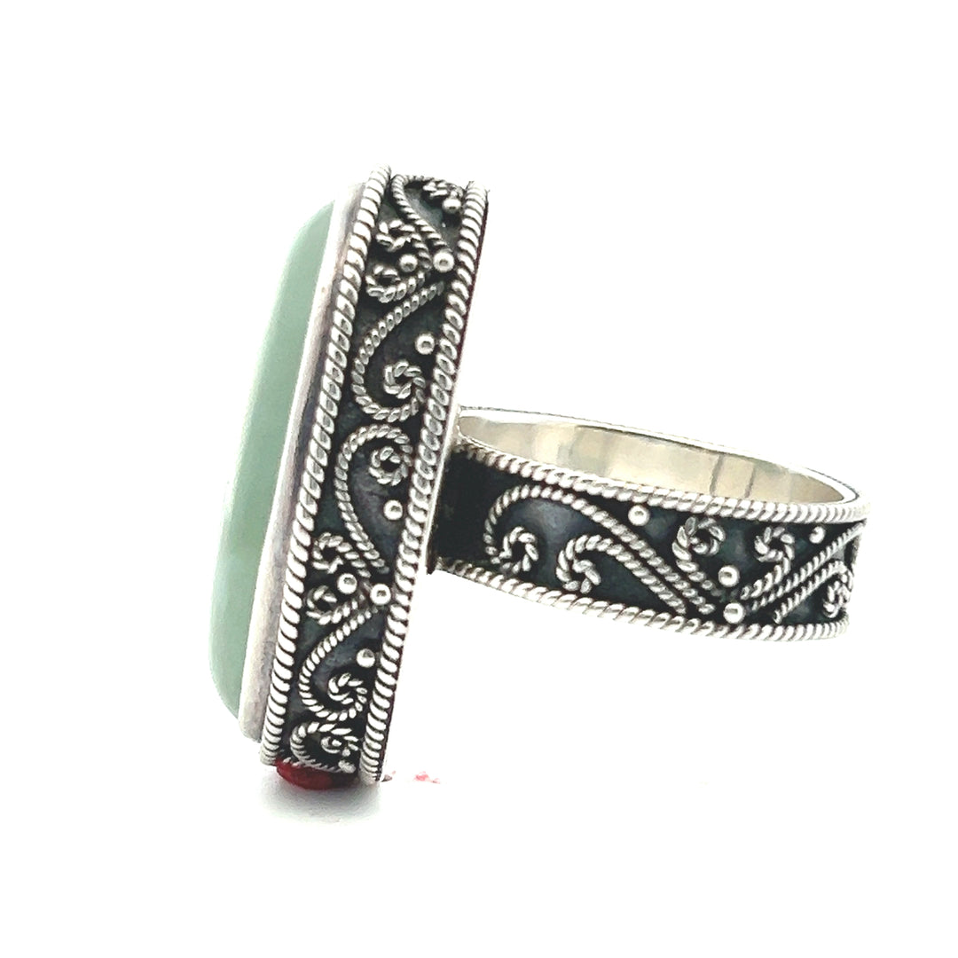 Estate Sterling Silver Oval Cabochon Nephrite Filigree Ring