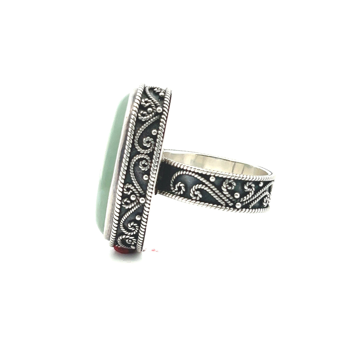 Estate Sterling Silver Oval Cabochon Nephrite Jade Scroll Ring