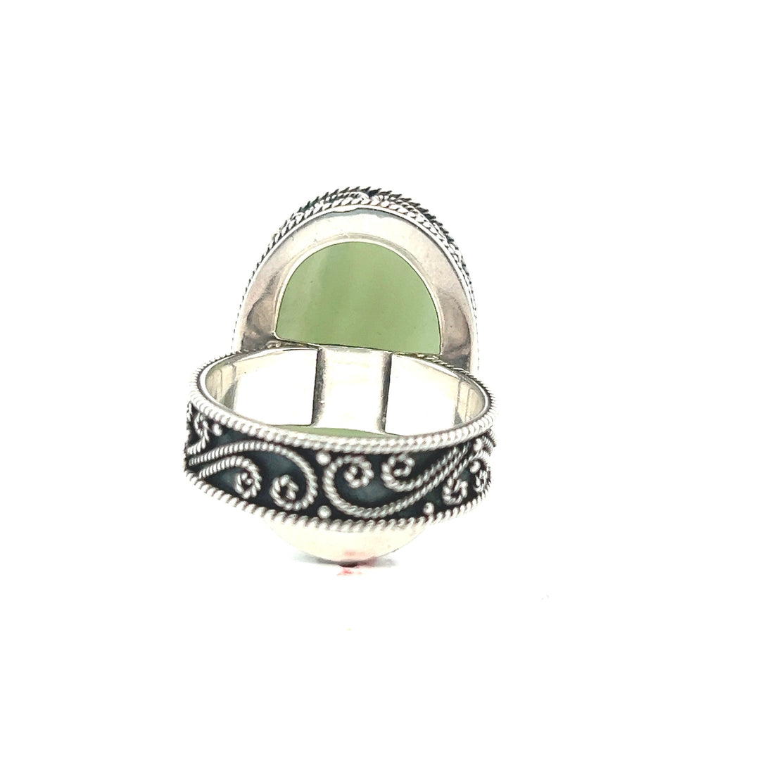 Estate Sterling Silver Oval Cabochon Nephrite Jade Scroll Ring