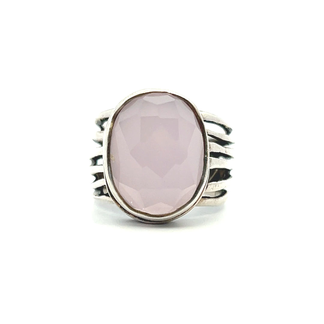 Estate Silpada Sterling Silver Faceted Oval Pink Glass Split Shank Ring