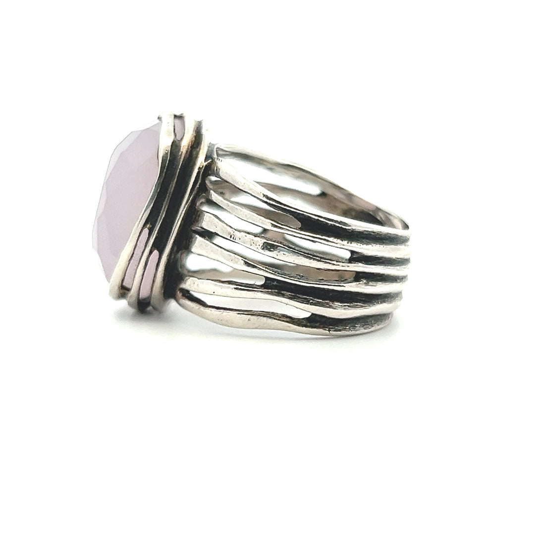 Estate Silpada Sterling Silver Faceted Oval Pink Glass Split Shank Ring