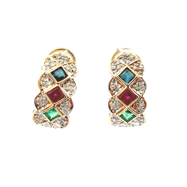Estate 1980s 14K Yellow Gold Diamond, Emerald, Ruby & Sapphire Cluster Stud Earrings