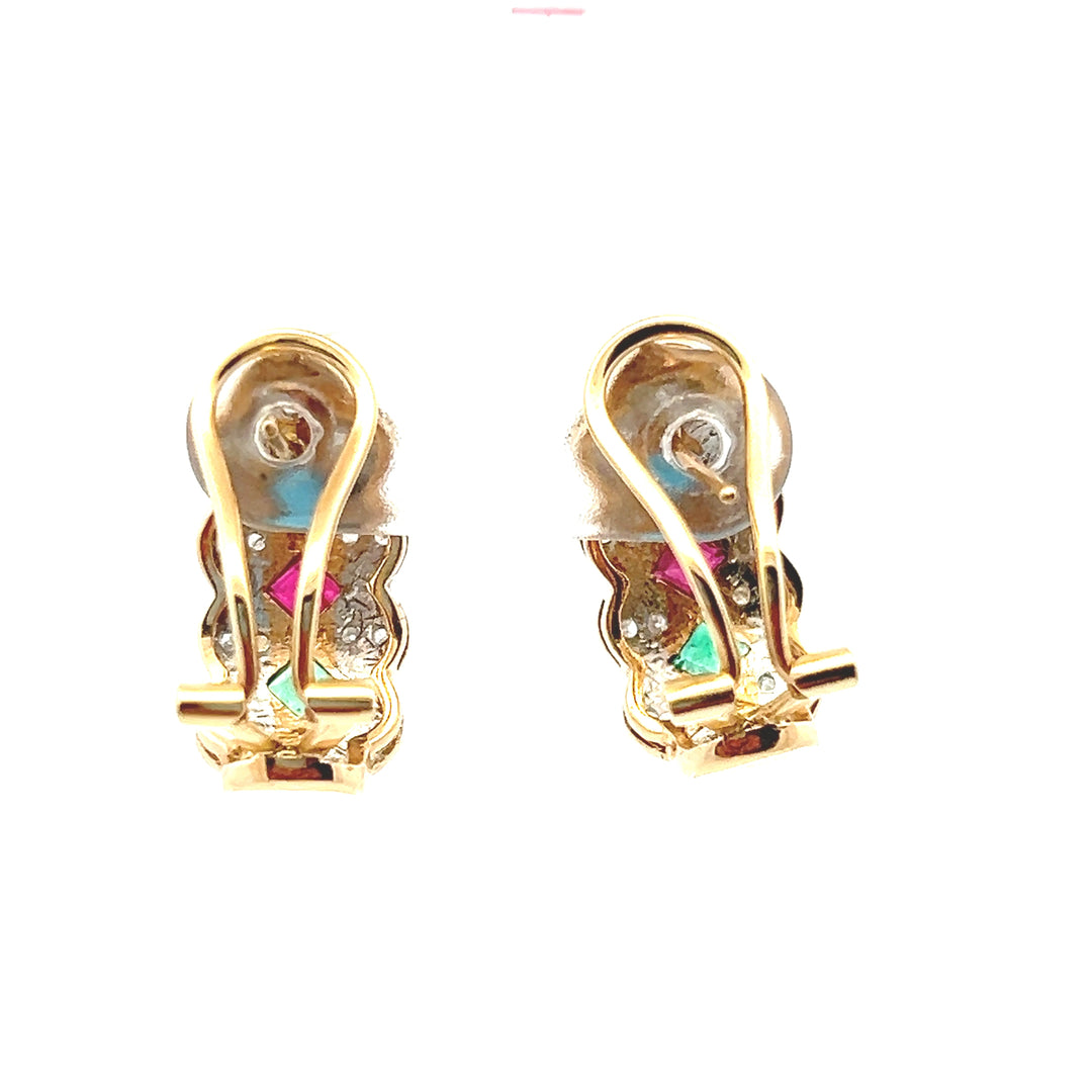 Estate 1980s 14K Yellow Gold Diamond, Emerald, Ruby & Sapphire Cluster Stud Earrings