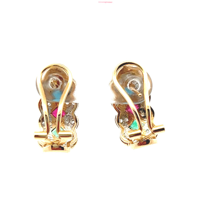 Estate 1980s 14K Yellow Gold Diamond, Emerald, Ruby & Sapphire Cluster Stud Earrings