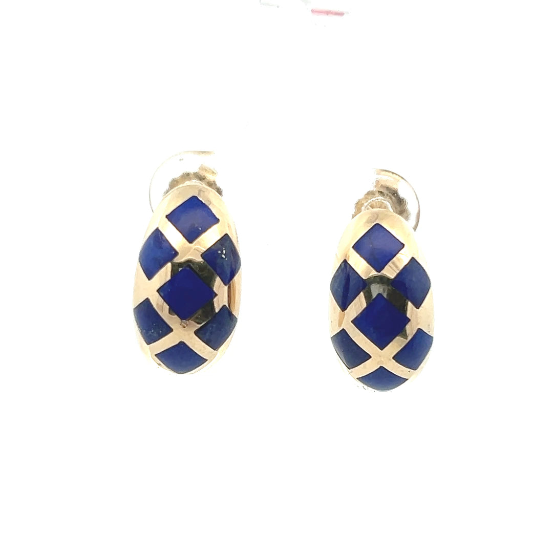 Estate 14K Yellow Gold Square Lapis Lazuli Inlay J-Hook Stud Earrings