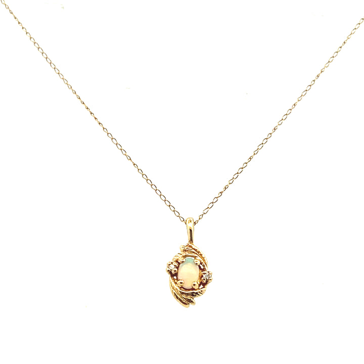 Estate 14K Yellow Gold Oval Cabochon Opal & Diamond Pendant Necklace